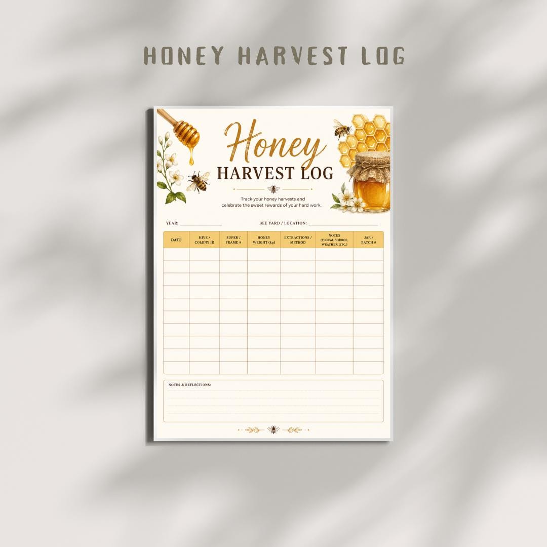 Honey Harvest Log Printable PDF | Beekeeping Record Keeper (A4)