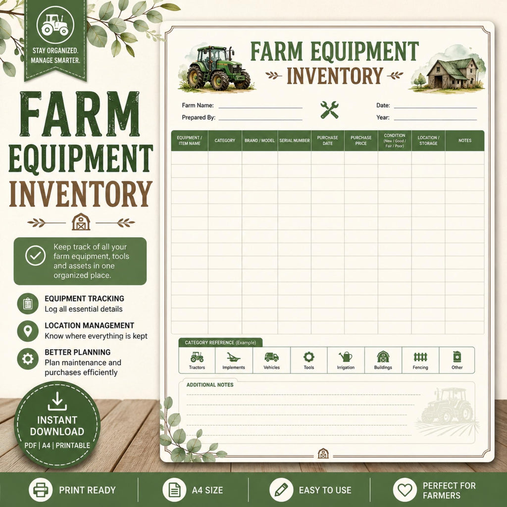 Farm Equipment Inventory Log Sheet | Tractor Asset Tracker (Printable Download)