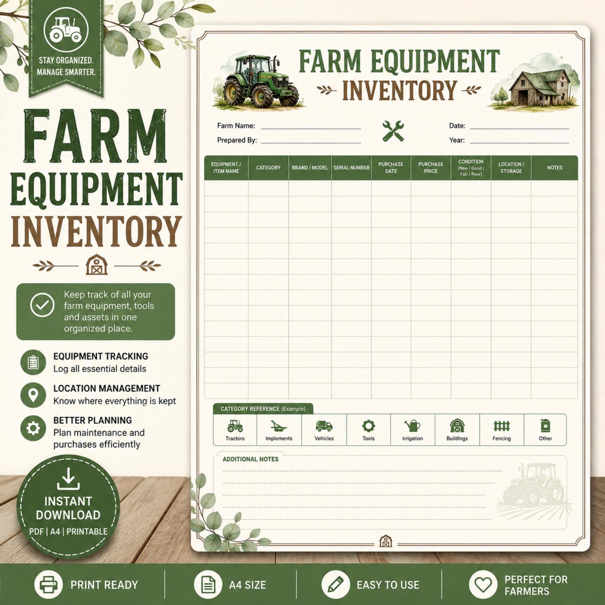 Farm Equipment Inventory Log Sheet | Tractor Asset Tracker (Printable Download)