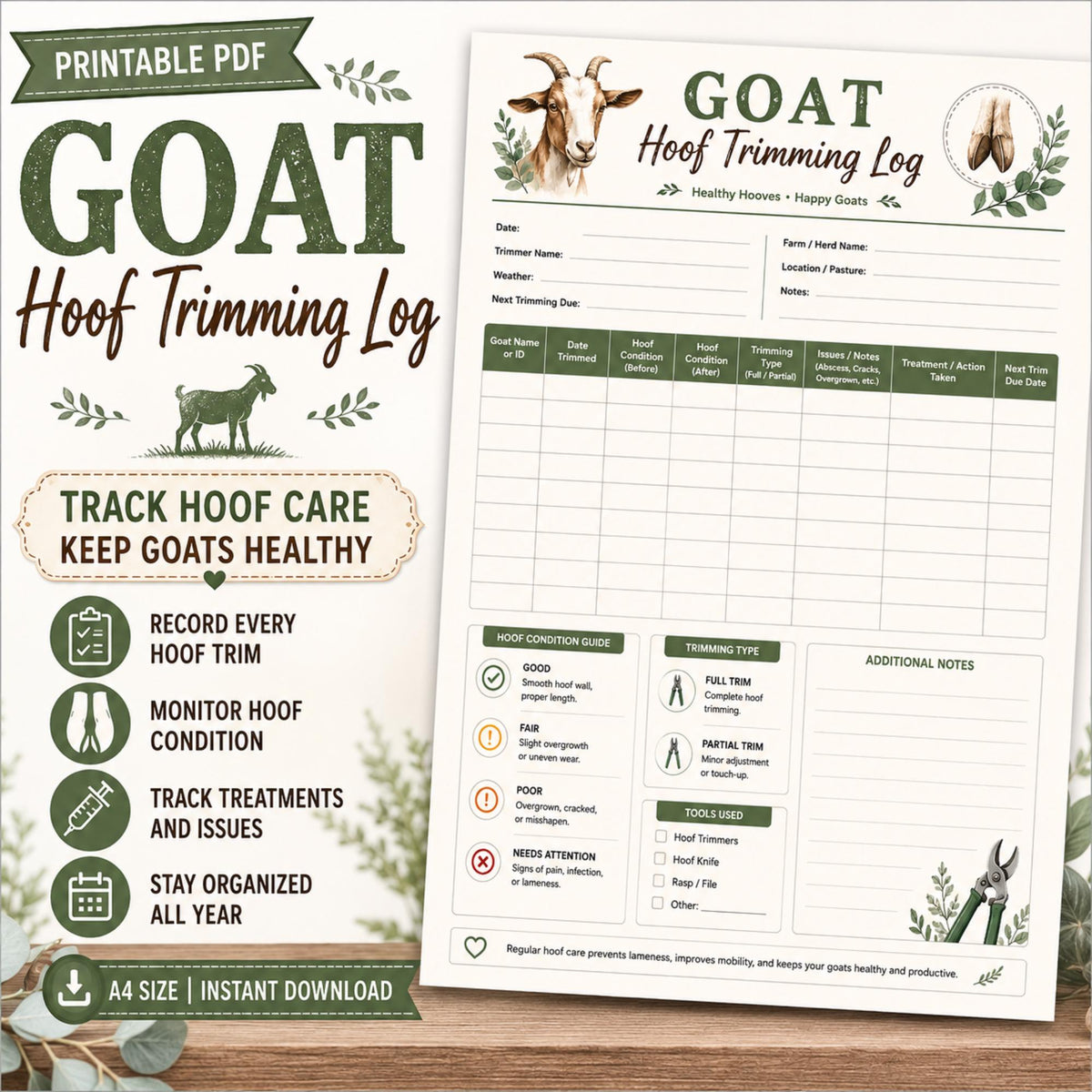 Goat Hoof Trimming Log | Health Record Keeper, Farm Management (A4 Download)
