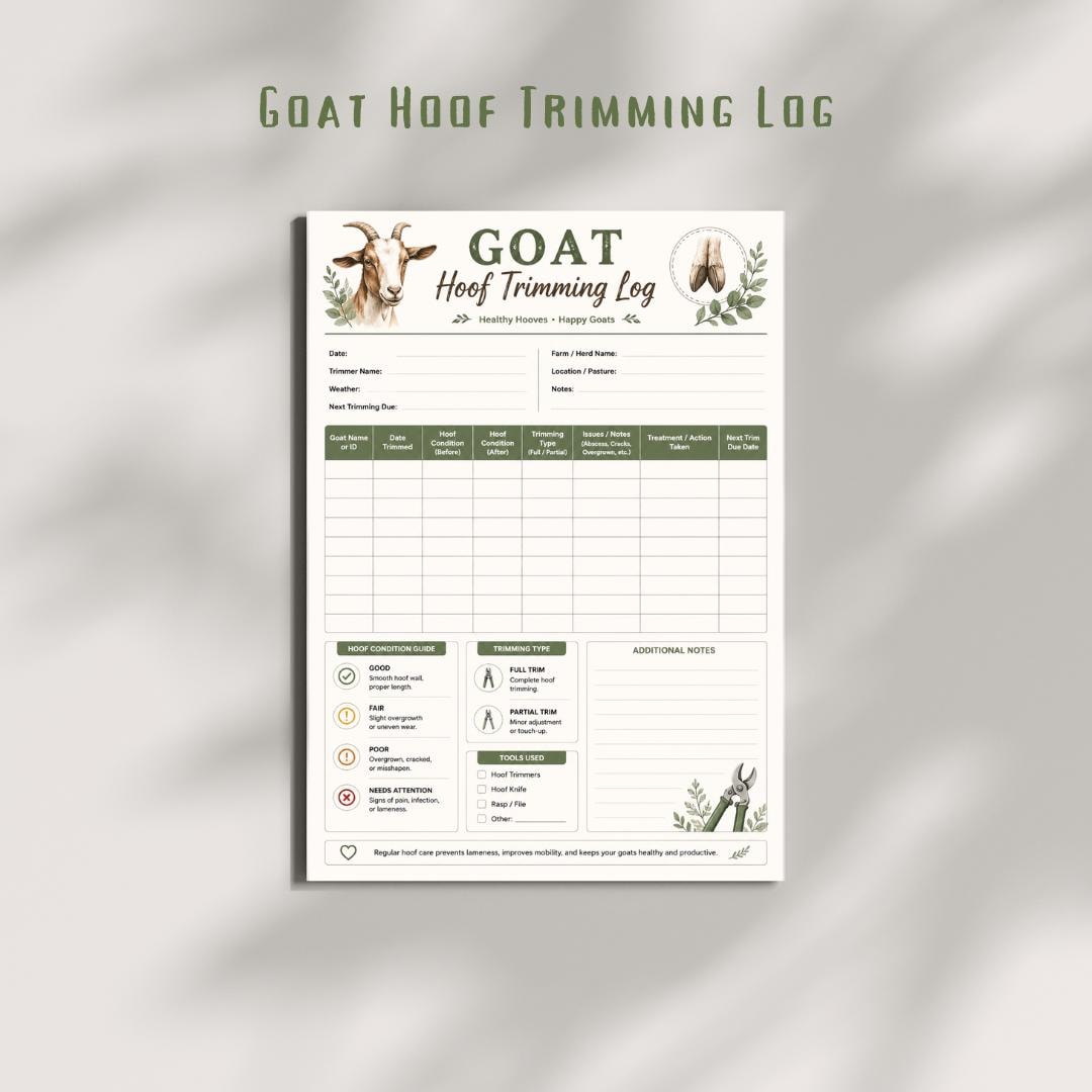 Goat Hoof Trimming Log | Health Record Keeper, Farm Management (A4 Download)