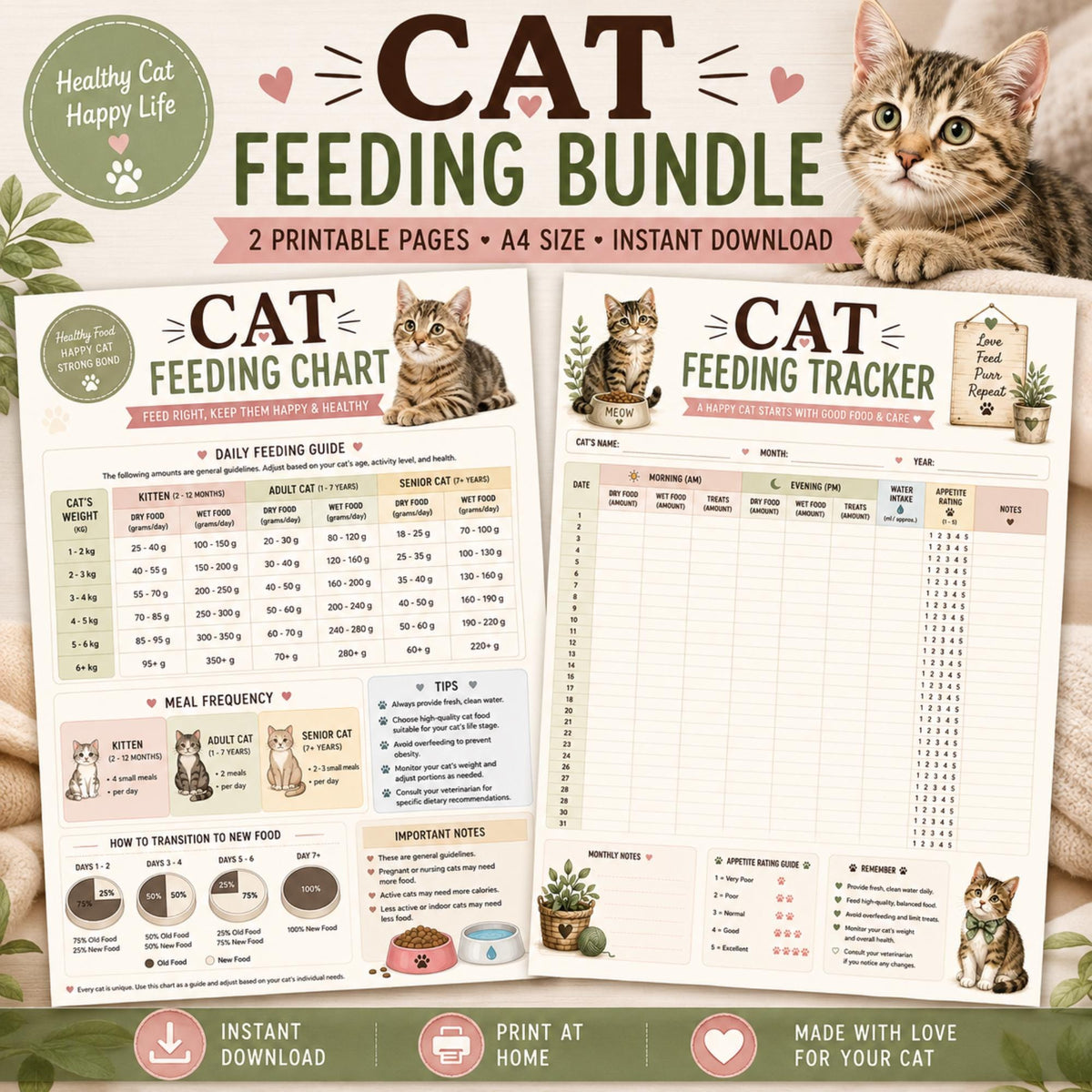 Cat Feeding Chart Tracker, Pet Care Planner, A4 Bundle (Instant Download PDF)