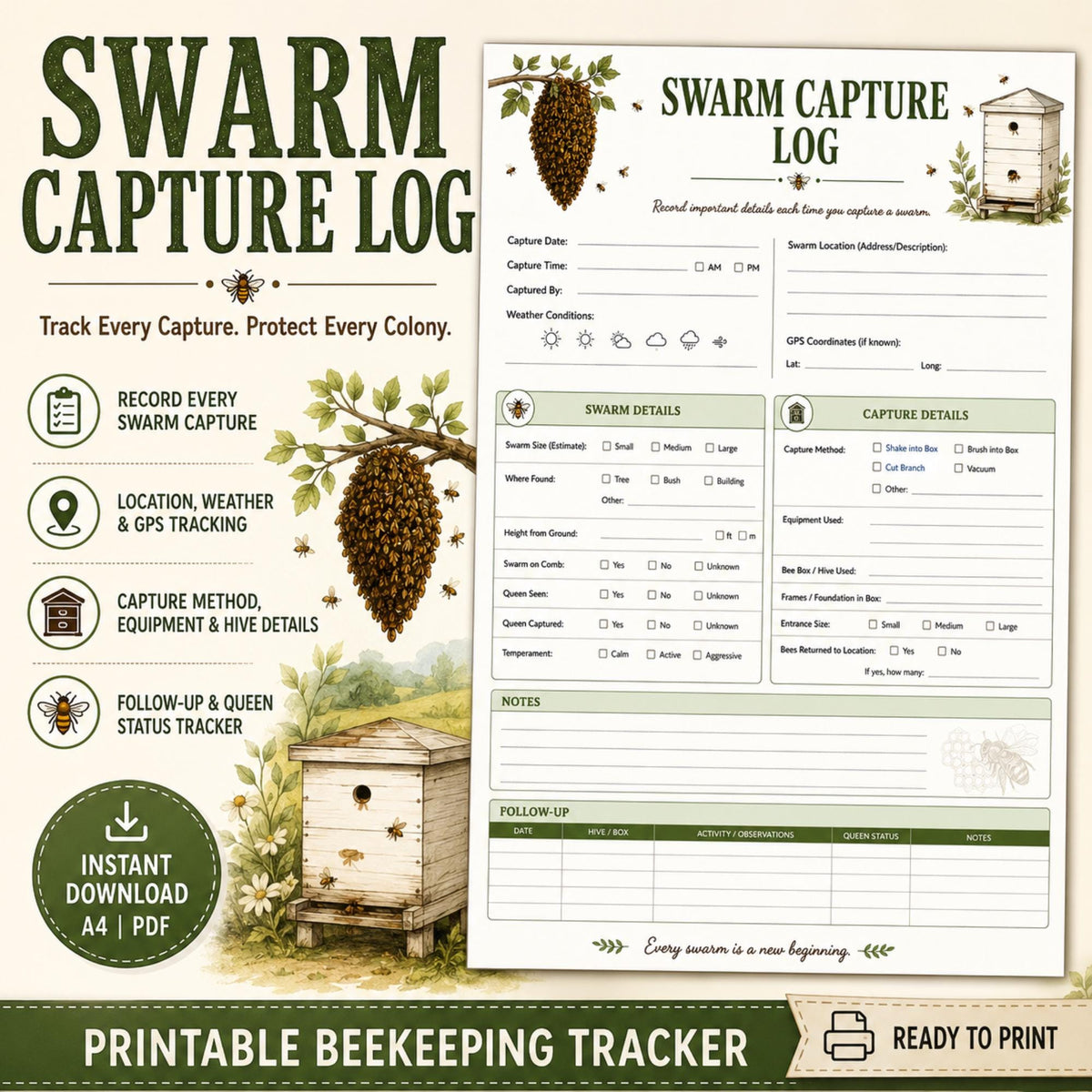 Swarm Capture Log Printable | Beekeeping Record Keeper (A4 PDF)
