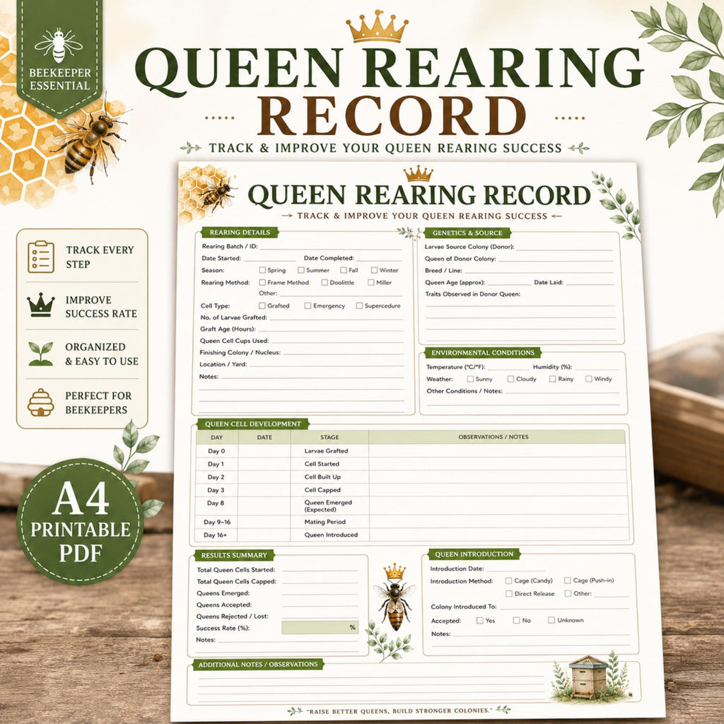 Queen Rearing Record Printable PDF | Beekeeping Log Sheet, A4 Beekeeper Tracker