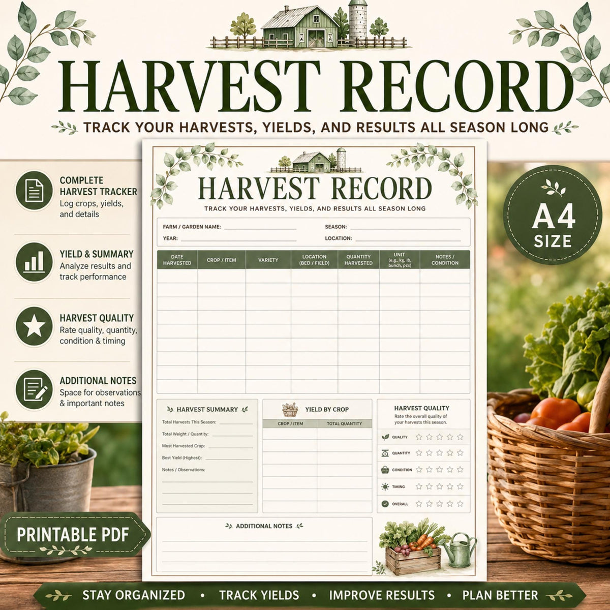 Harvest Record Tracker Printable PDF | Garden Yield Log (A4)