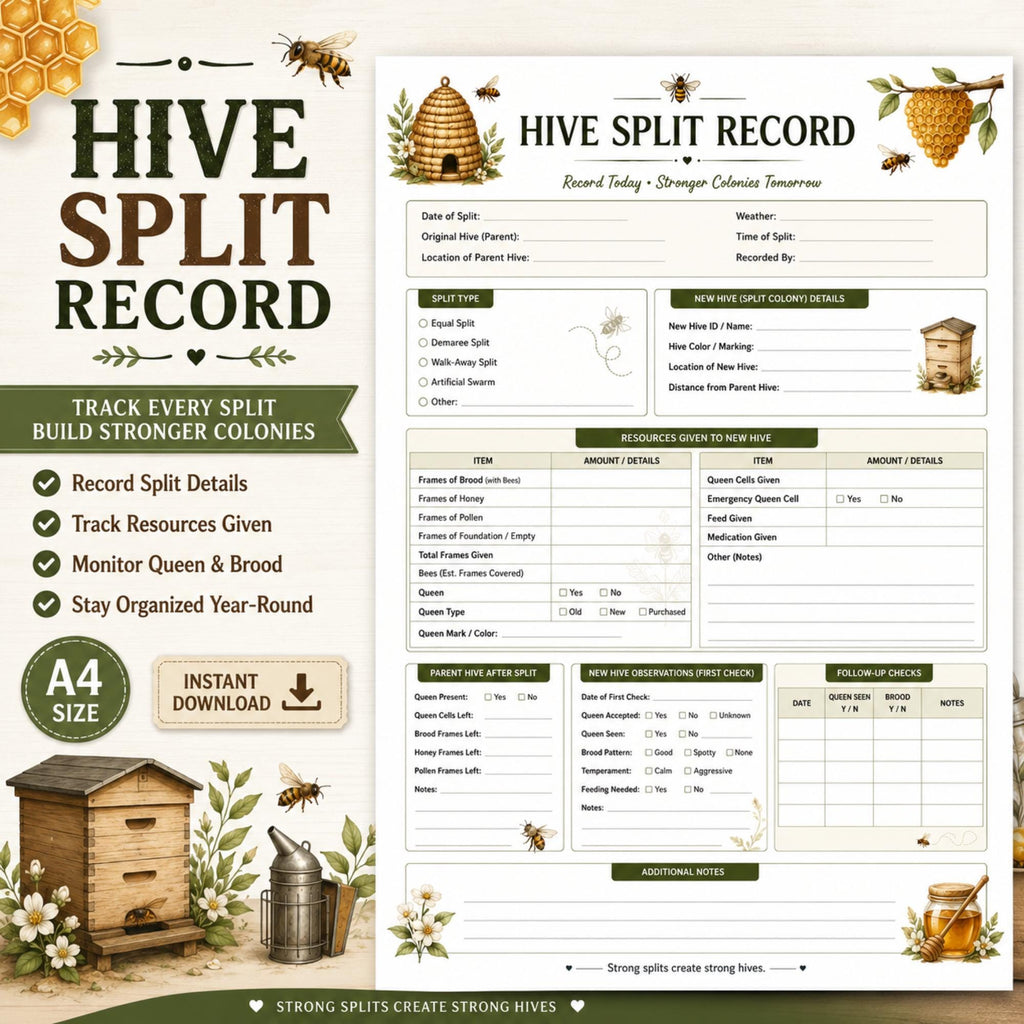 Hive Split Record Printable, Beekeeping Log Sheet, Apiary Management Tracker (PDF)