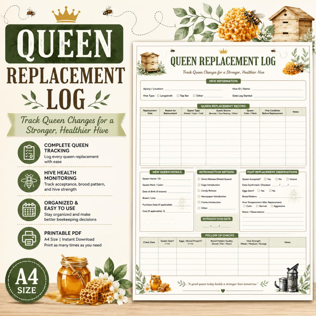 Queen Replacement Log Printable, A4 PDF for Efficient Hive Management