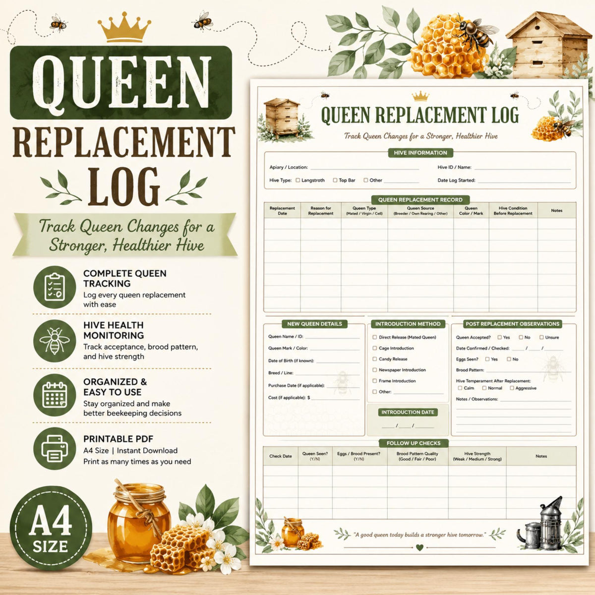 Queen Replacement Log Printable, A4 PDF for Efficient Hive Management