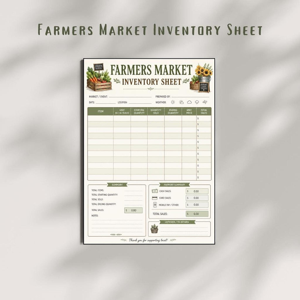 Farmers Market Log Printable PDF, Produce Sales Record and Inventory Tracker