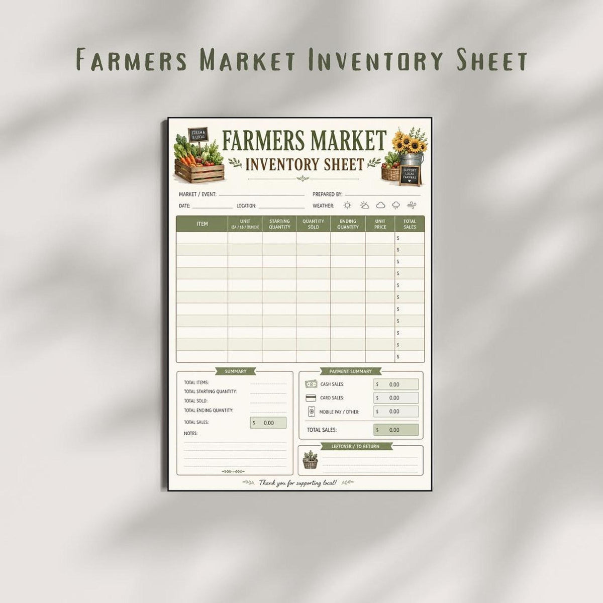 Farmers Market Log Printable PDF, Produce Sales Record and Inventory Tracker