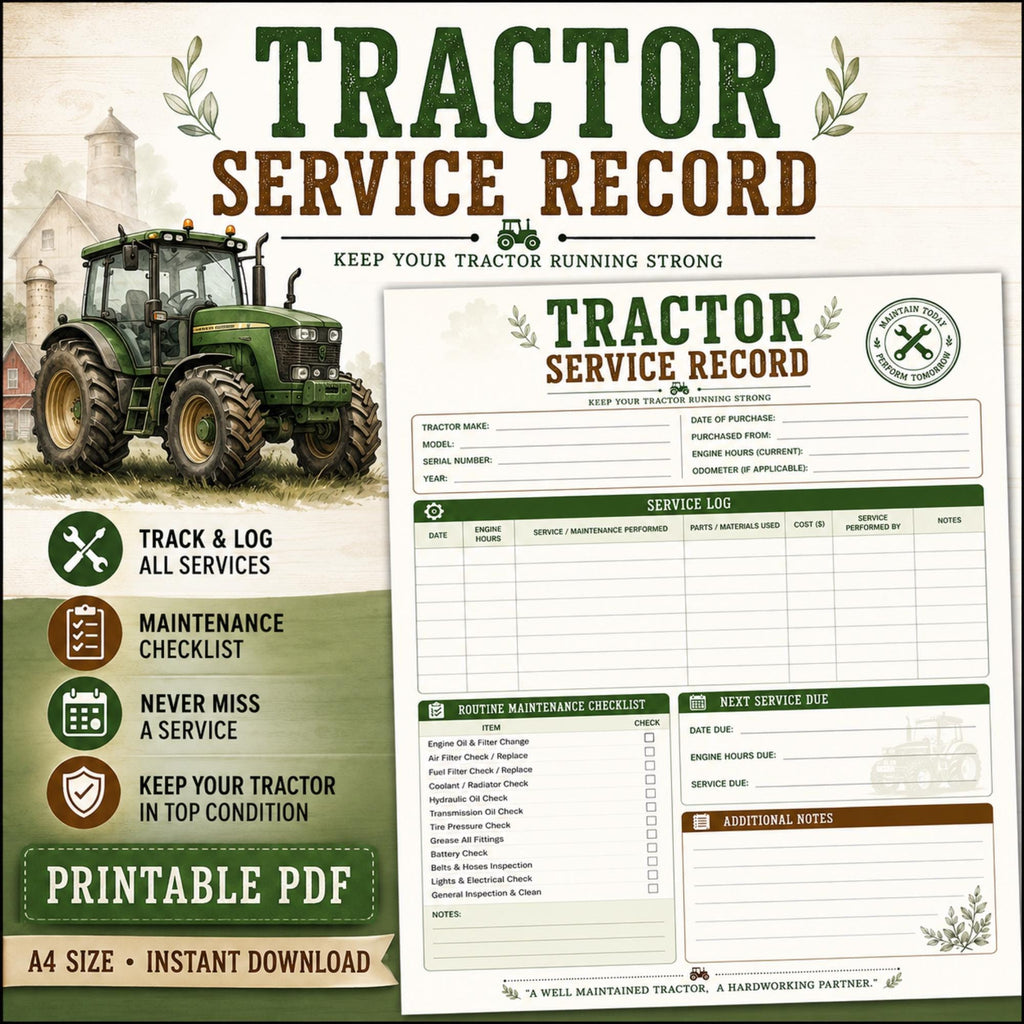 Tractor Service Log Printable PDF | Farm Equipment Maintenance Tracker