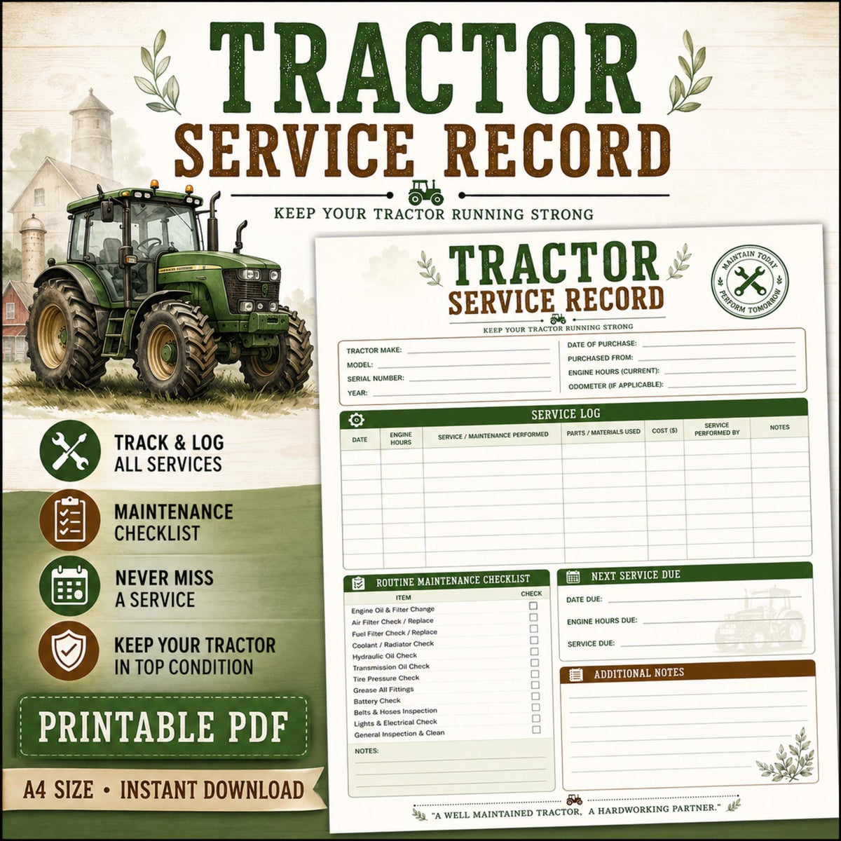 Tractor Service Log Printable PDF | Farm Equipment Maintenance Tracker