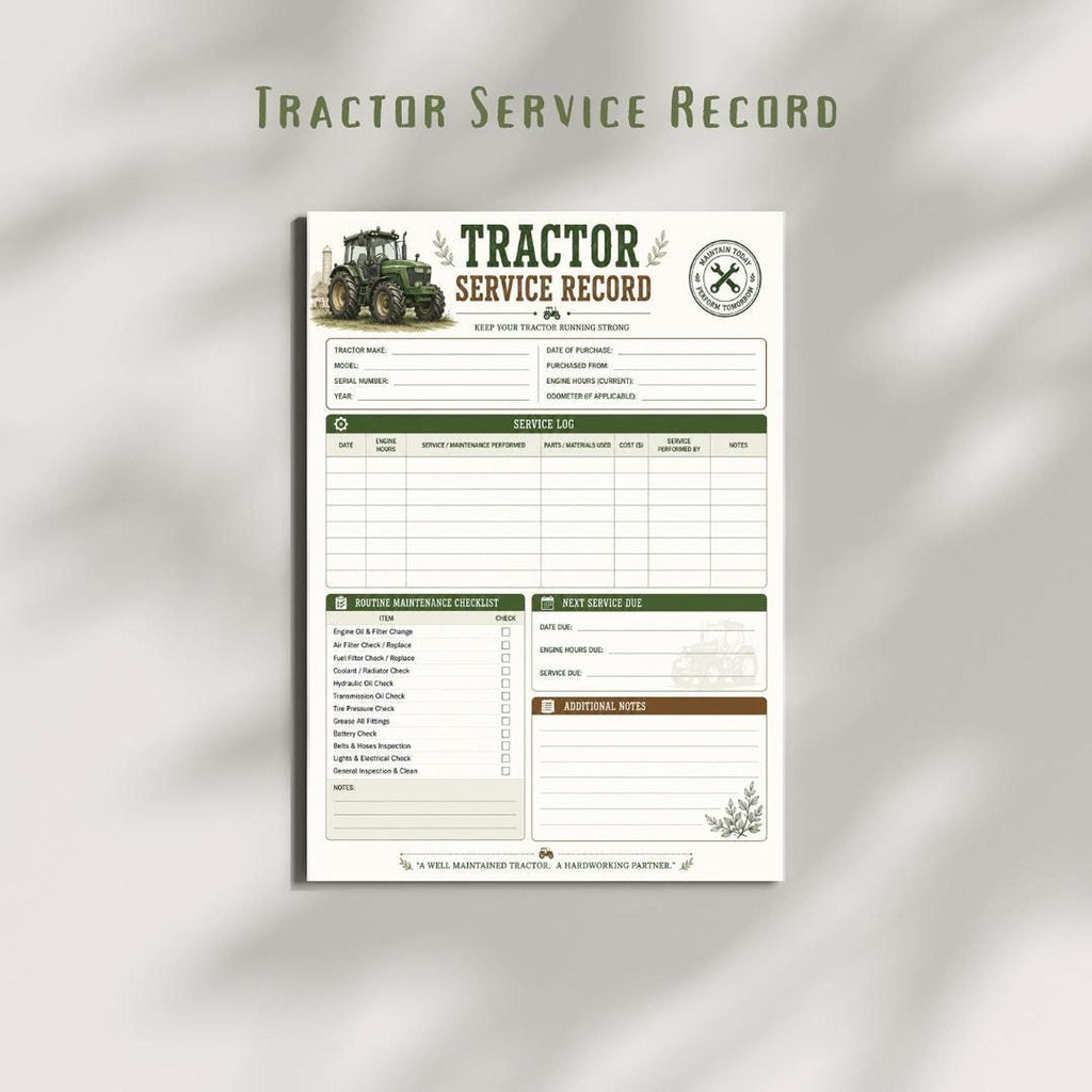 Tractor Service Log Printable PDF | Farm Equipment Maintenance Tracker