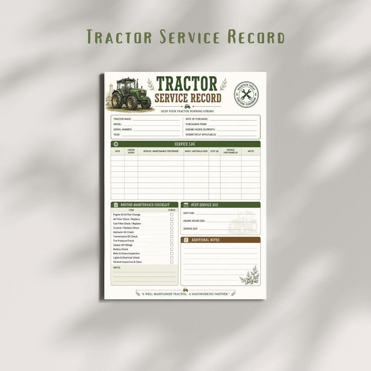 Tractor Service Log Printable PDF | Farm Equipment Maintenance Tracker