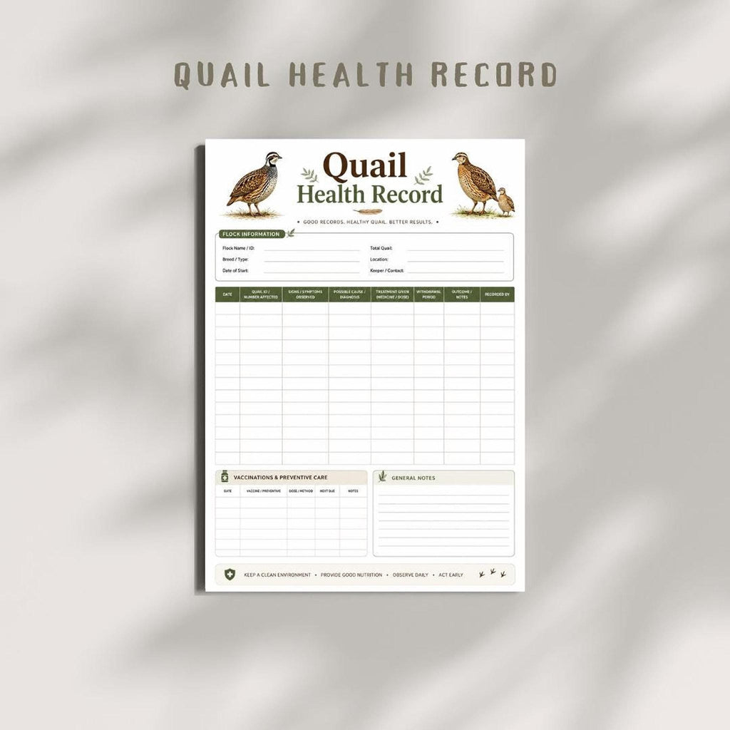 Quail Health Log Printable PDF, A4 Poultry Tracker for Care