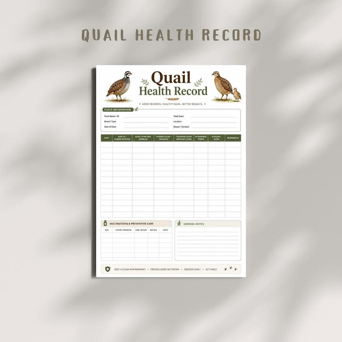 Quail Health Log Printable PDF, A4 Poultry Tracker for Care