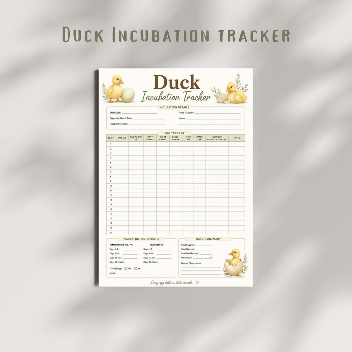 Duck Incubation Guide & Tracker Printable PDF | Poultry Record Keeper