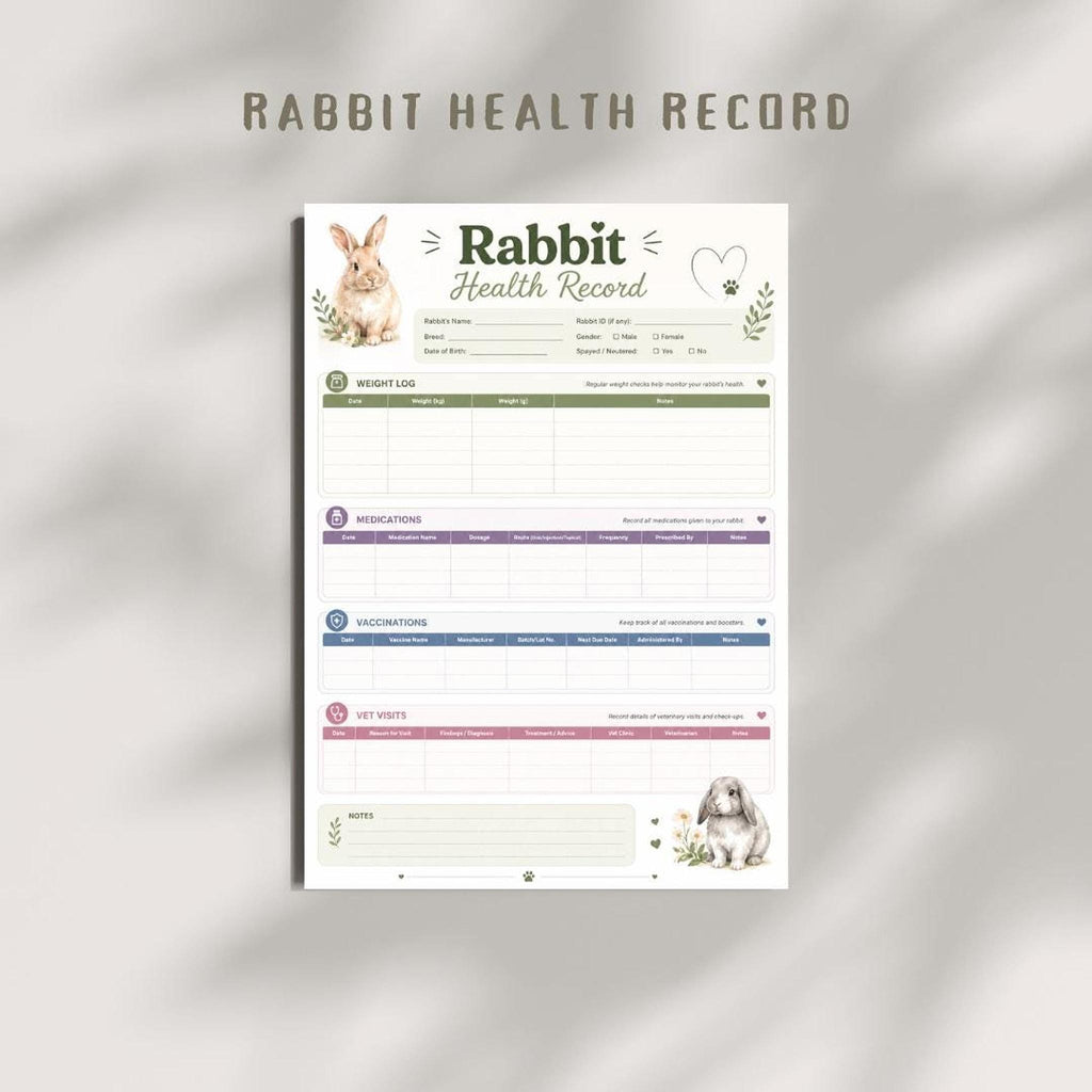 Rabbit Health Record Printable PDF, Track Weight, Medications, Vaccinations & Vet Visits