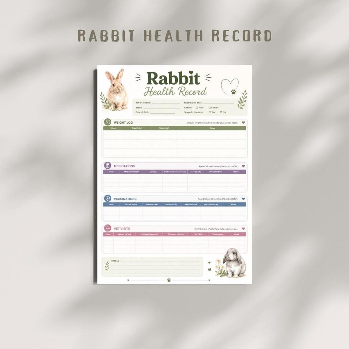 Rabbit Health Record Printable PDF, Track Weight, Medications, Vaccinations & Vet Visits