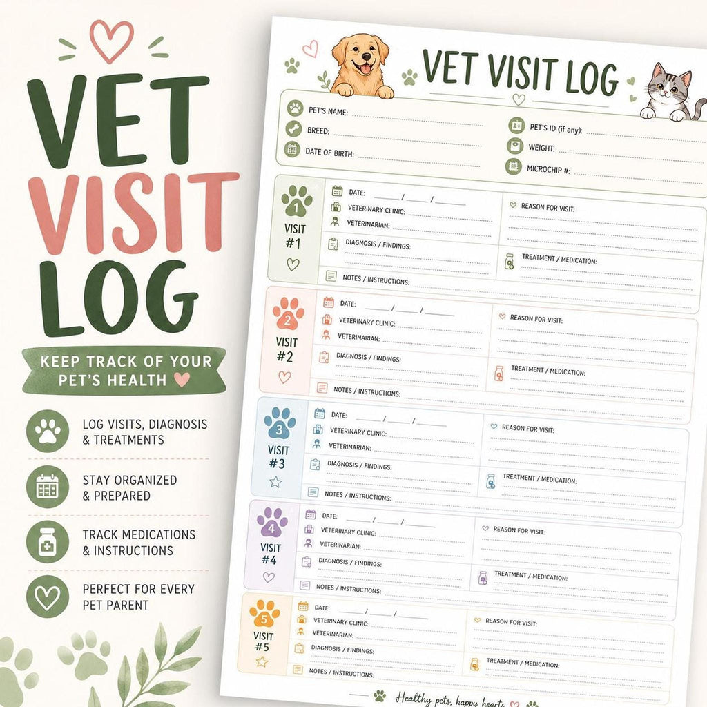 Vet Visit Log Printable PDF, Pet Health Record Organizer for Easy Tracking
