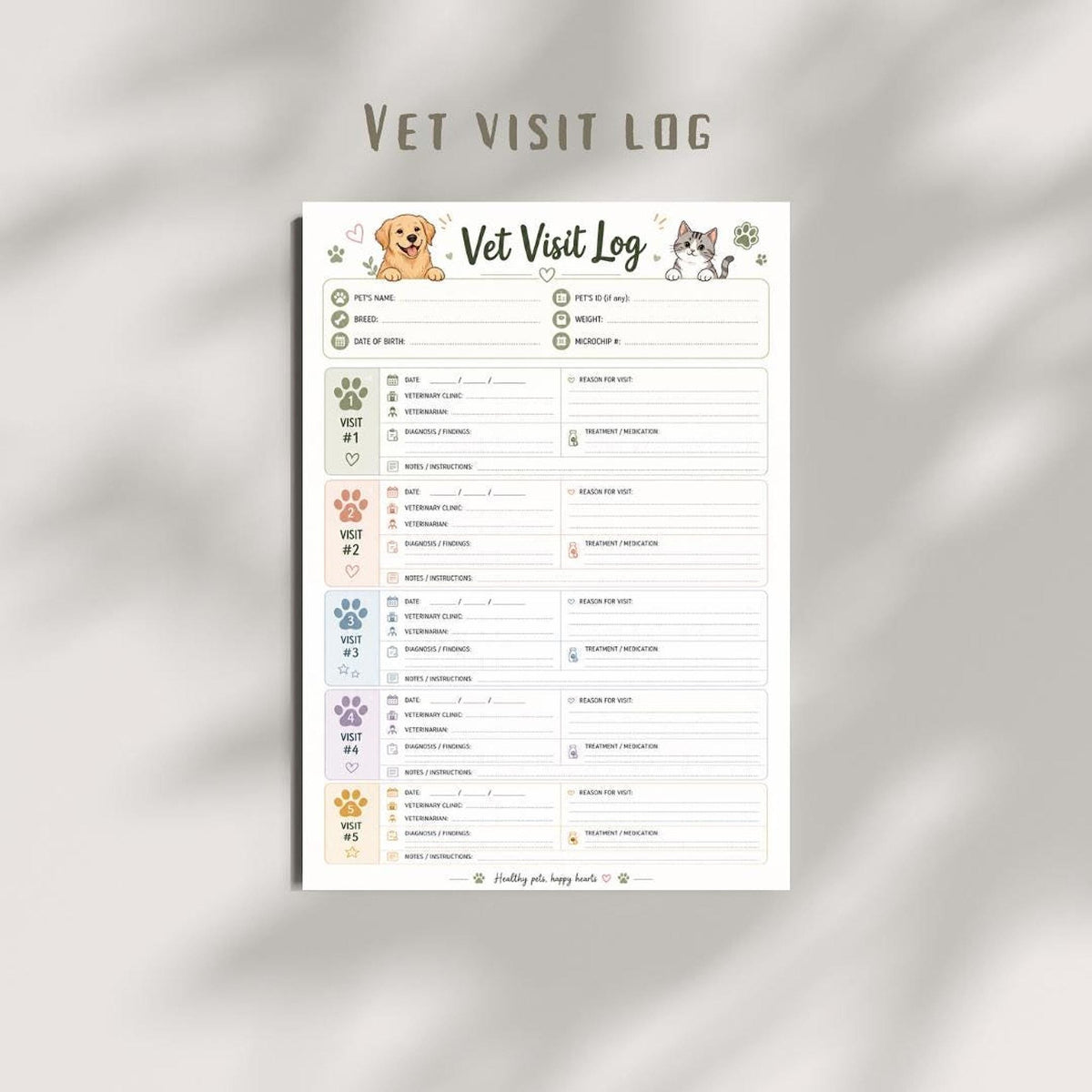 Vet Visit Log Printable PDF, Pet Health Record Organizer for Easy Tracking
