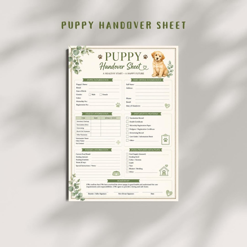 Puppy Handover Sheet, Dog Adoption Form, New Owner Checklist (PDF Download)