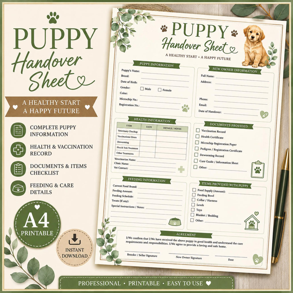 Puppy Handover Sheet, Dog Adoption Form, New Owner Checklist (PDF Download)