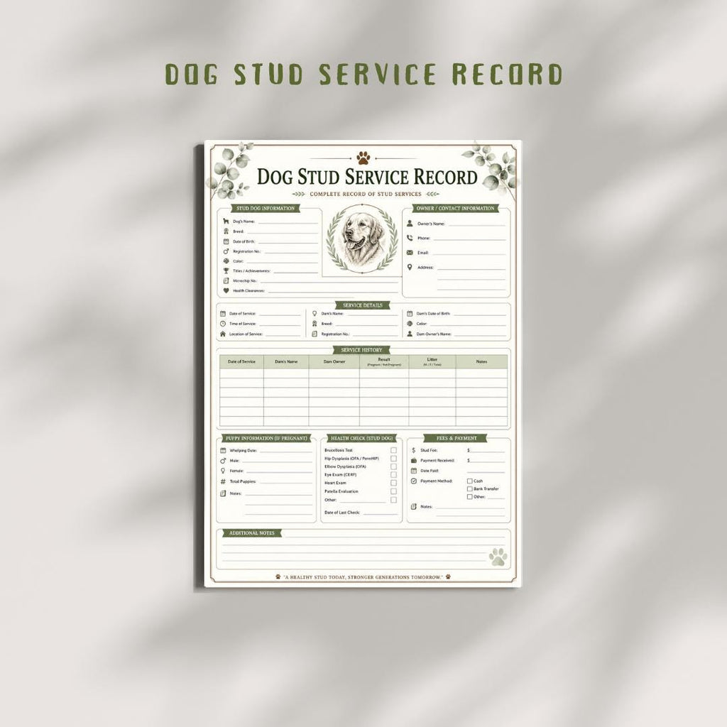 Dog Stud Service Record, Kennel Breeding Tracker, A4 PDF
