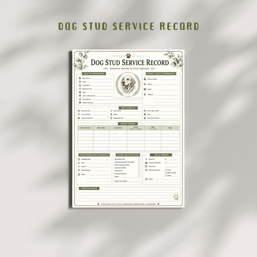 Dog Stud Service Record, Kennel Breeding Tracker, A4 PDF