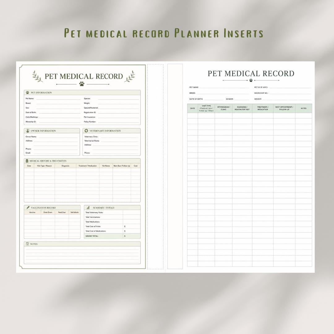 Pet Medical Record Printable Planner Inserts | Veterinary Log, Vaccination Tracker (A4 PDF)