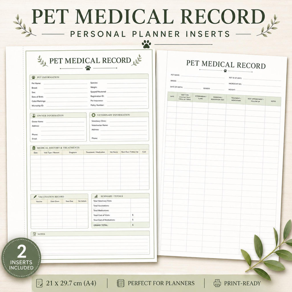 Pet Medical Record Printable Planner Inserts | Veterinary Log, Vaccination Tracker (A4 PDF)