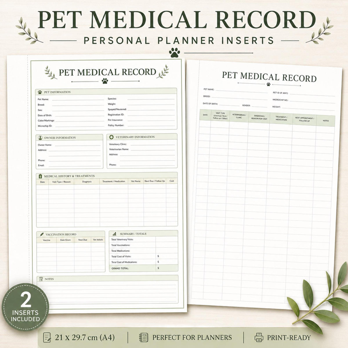 Pet Medical Record Printable Planner Inserts | Veterinary Log, Vaccination Tracker (A4 PDF)