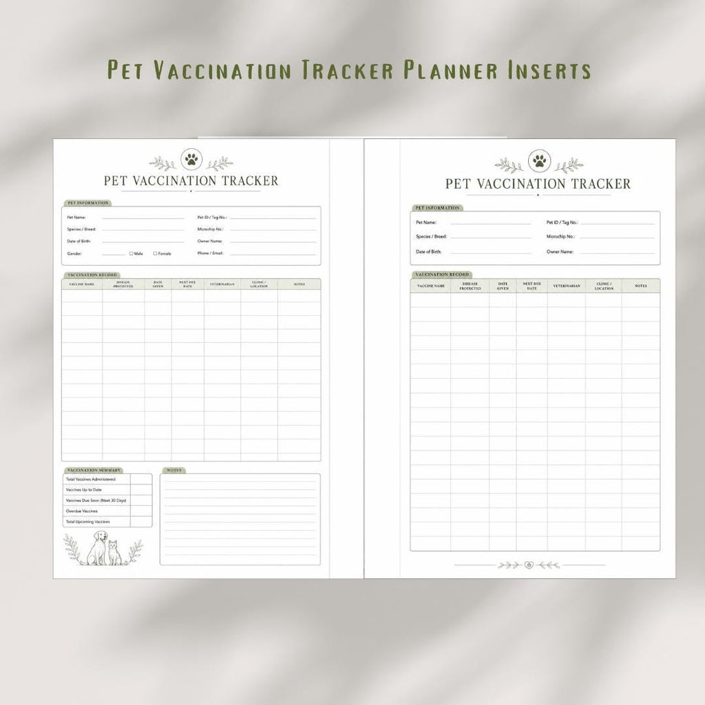 Pet Vaccination Tracker | Dog Cat Health Record Planner Insert (PDF)