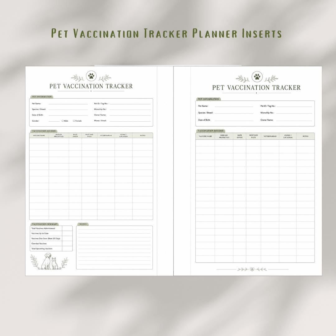 Pet Vaccination Tracker | Dog Cat Health Record Planner Insert (PDF)