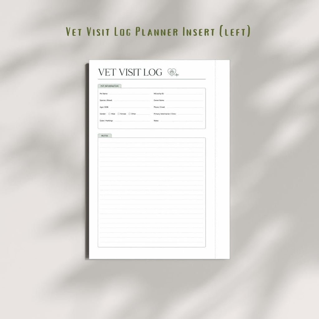 Pet Vet Visit Log Planner Inserts Printable | Medical Record & Information Sheet (A4 PDF)
