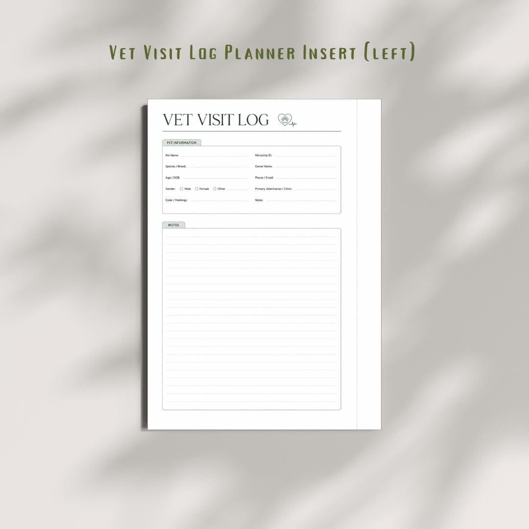 Pet Vet Visit Log Planner Inserts Printable | Medical Record & Information Sheet (A4 PDF)