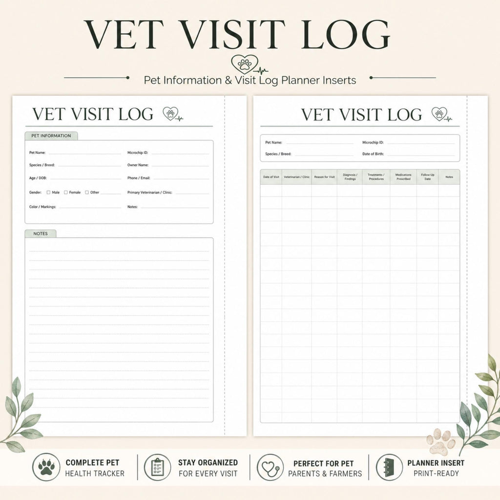Pet Vet Visit Log Planner Inserts Printable | Medical Record & Information Sheet (A4 PDF)