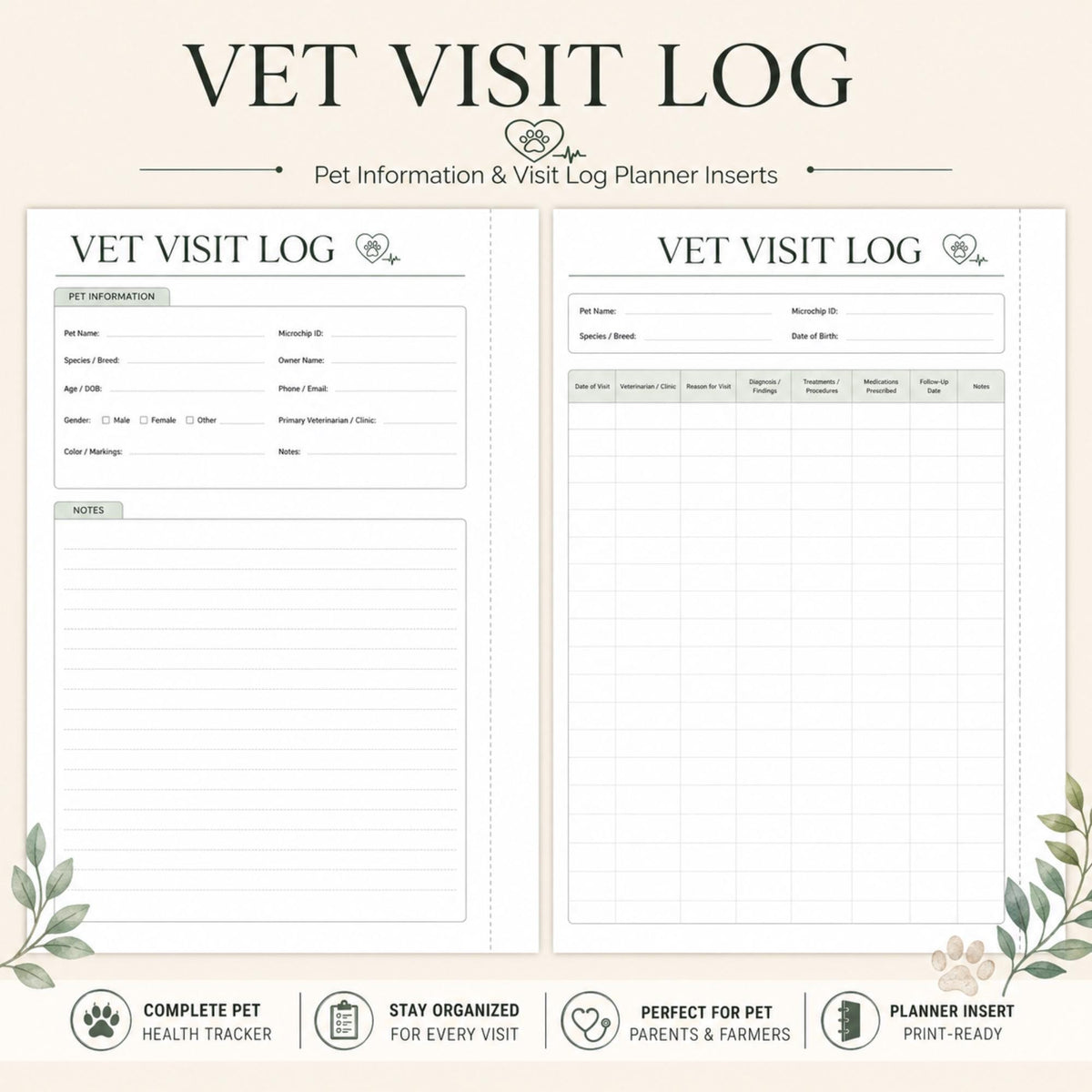 Pet Vet Visit Log Planner Inserts Printable | Medical Record & Information Sheet (A4 PDF)