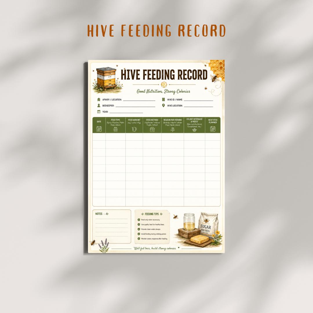 Hive Feeding Record Log | Beekeeping Apiary Tracker (A4 Printable PDF)