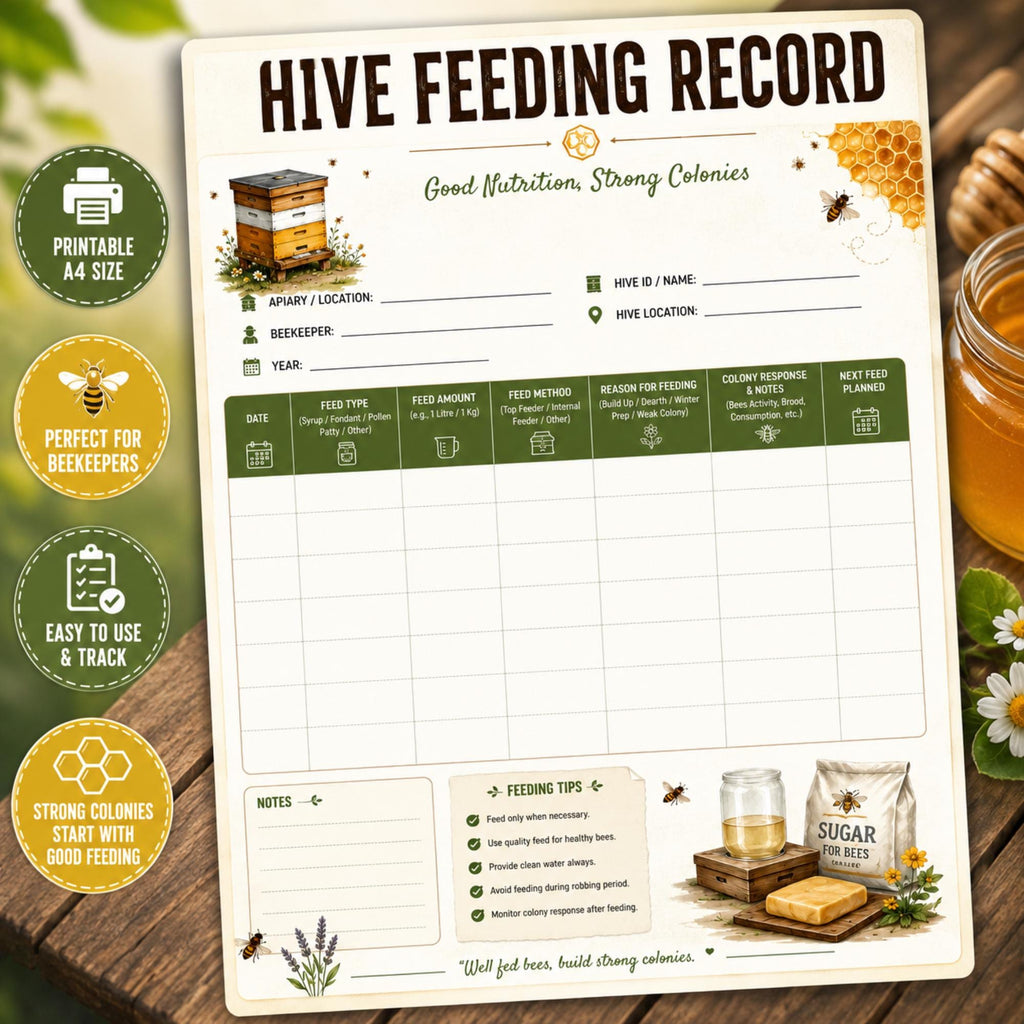Hive Feeding Record Log | Beekeeping Apiary Tracker (A4 Printable PDF)