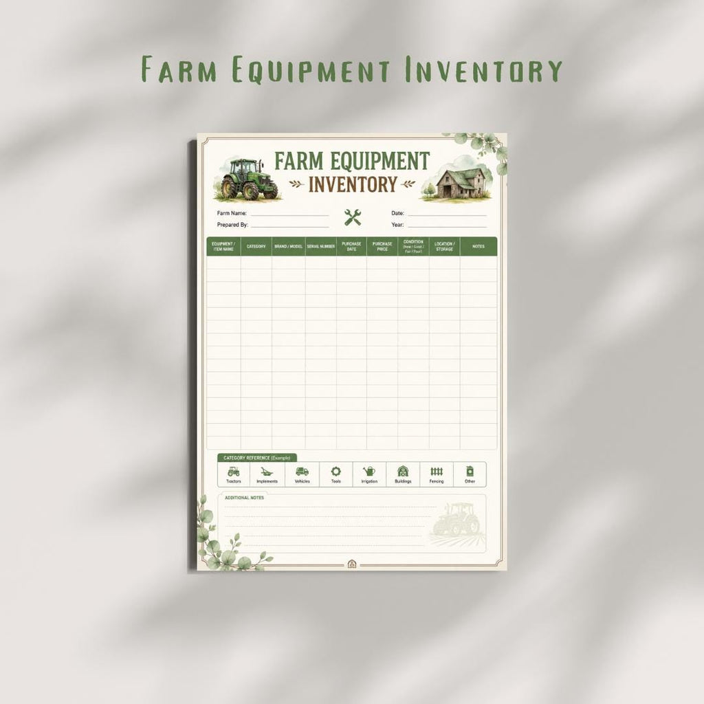 Farm Equipment Inventory Log Sheet | Tractor Asset Tracker (Printable Download)