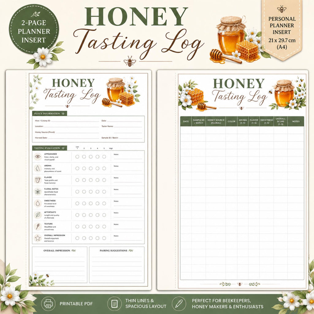 Honey Tasting Log | Beekeeping Planner Insert, Flavor Journal (A4 Digital Download)