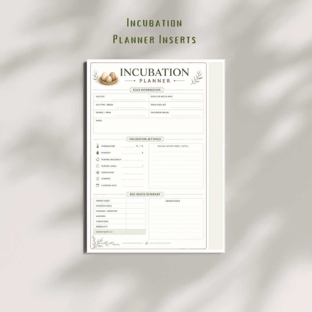 Incubation Planner Inserts Printable PDF, Egg Hatch Log, Chicken Duck Quail Tracker (A4)