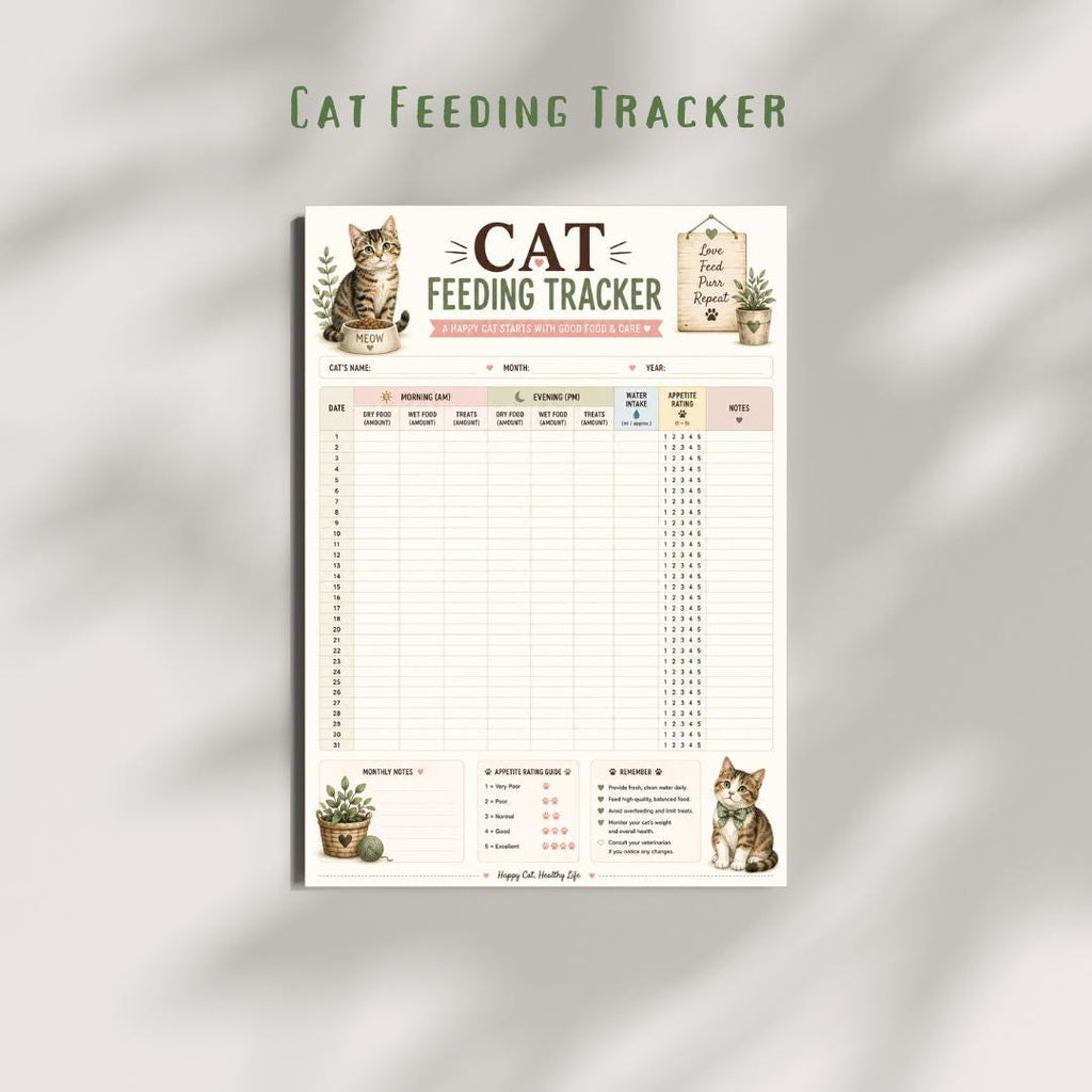 Cat Feeding Chart Tracker, Pet Care Planner, A4 Bundle (Instant Download PDF)
