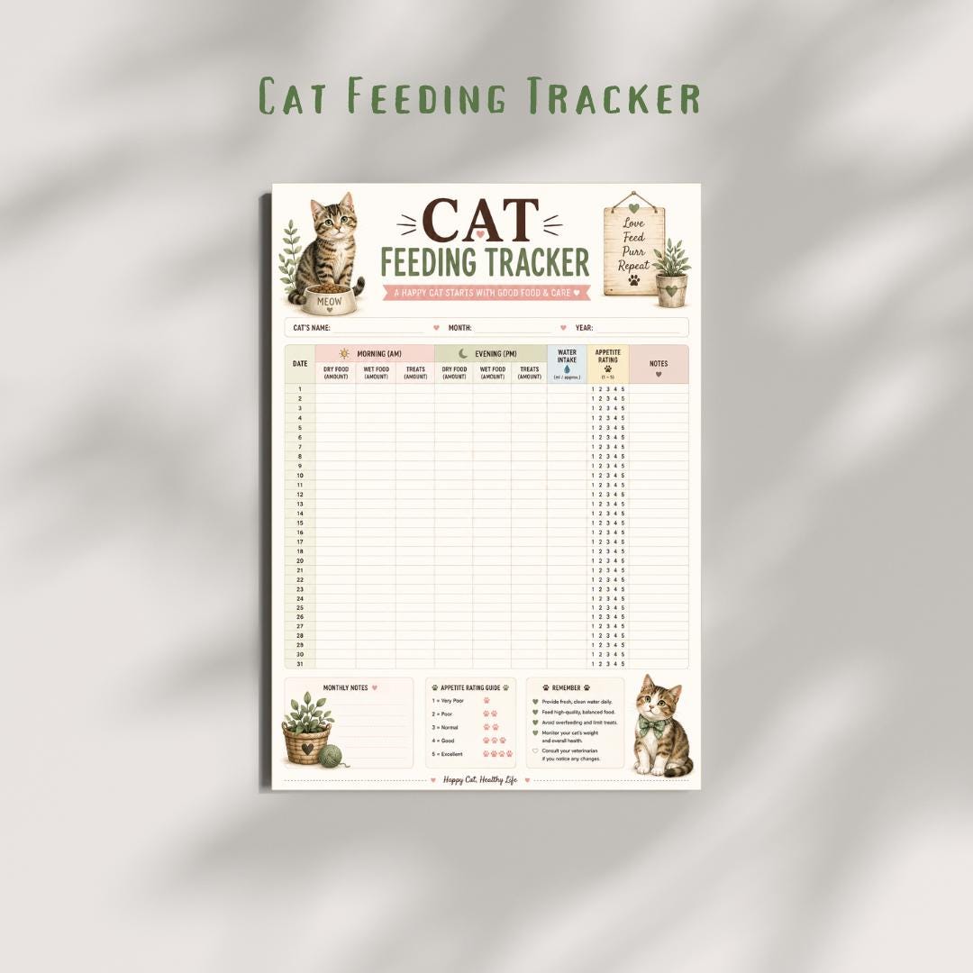 Cat Feeding Chart Tracker, Pet Care Planner, A4 Bundle (Instant Download PDF)