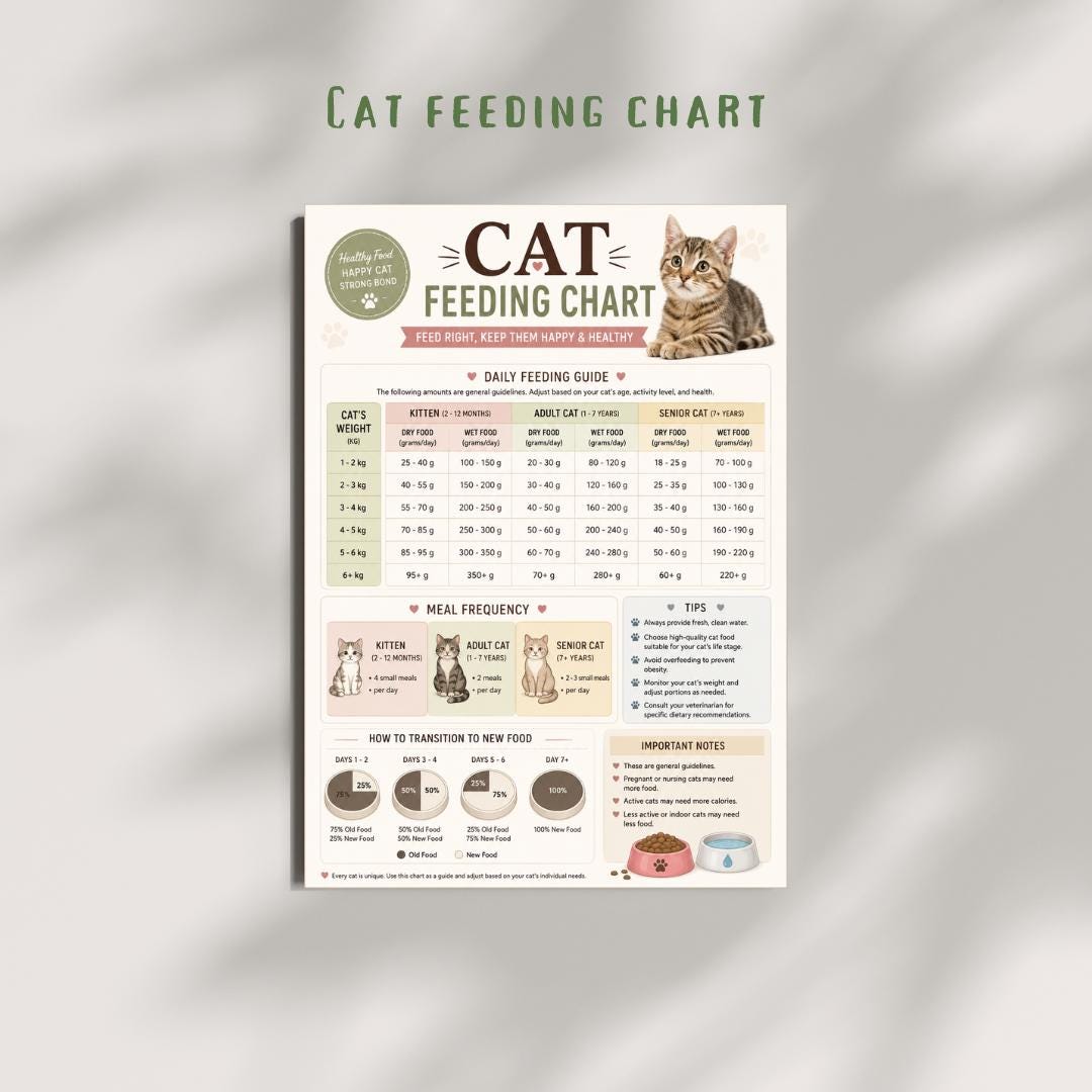 Cat Feeding Chart Tracker, Pet Care Planner, A4 Bundle (Instant Download PDF)