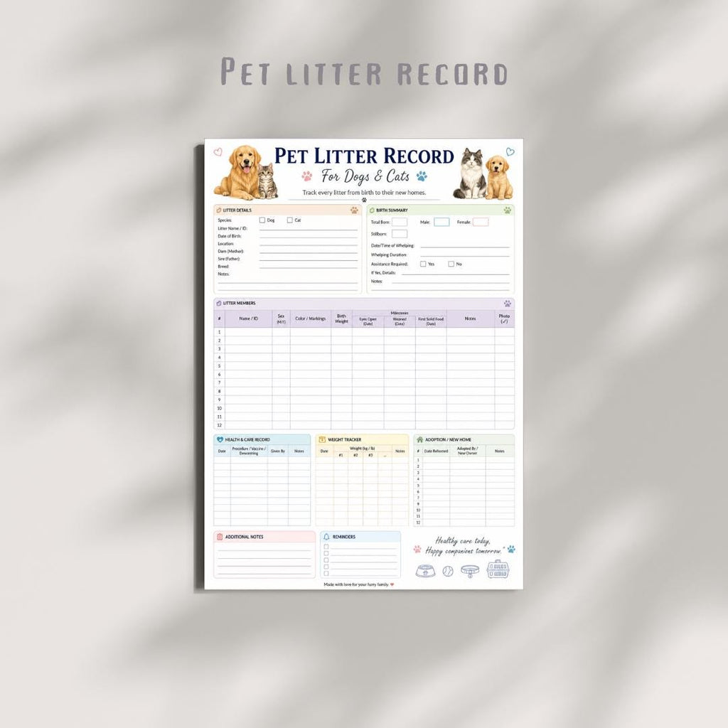Pet Litter Record Printable | Dog & Cat Breeder Log (A4 PDF Download)