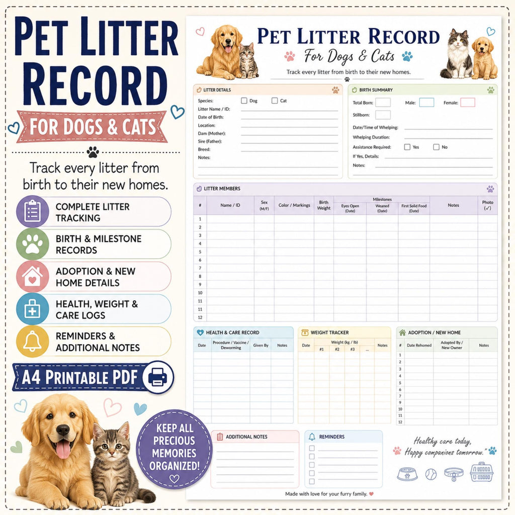 Pet Litter Record Printable | Dog & Cat Breeder Log (A4 PDF Download)