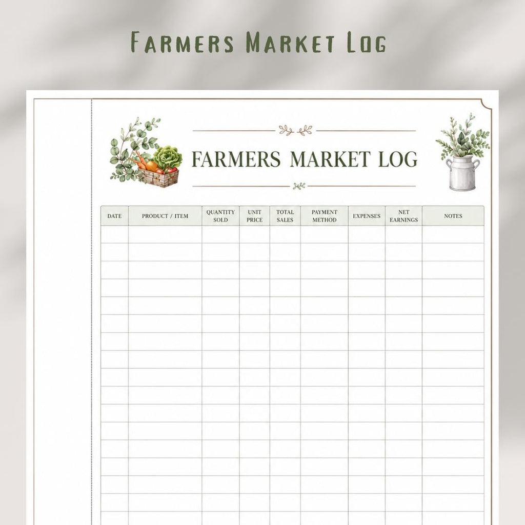 Farmers Market Log Printable, Sales Tracker, Farm Business Planner Insert