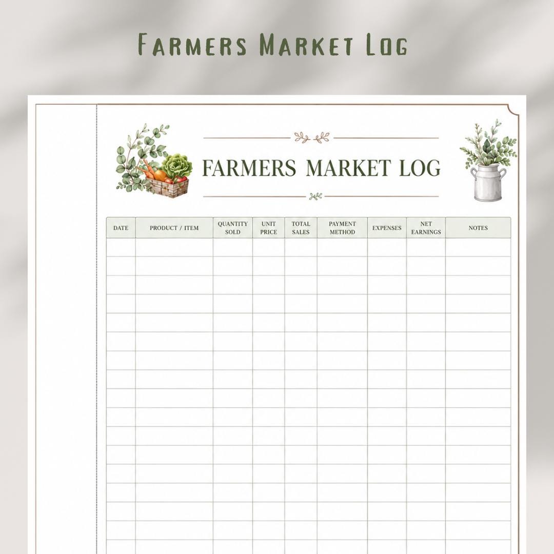 Farmers Market Log Printable, Sales Tracker, Farm Business Planner Insert
